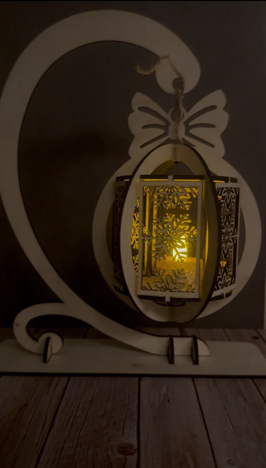 Wooden Hanging Christmas Lantern Decoration on Stand – LED Tealight Ornament | Laser Cut Layered Lantern | Festive Table Display / Gift