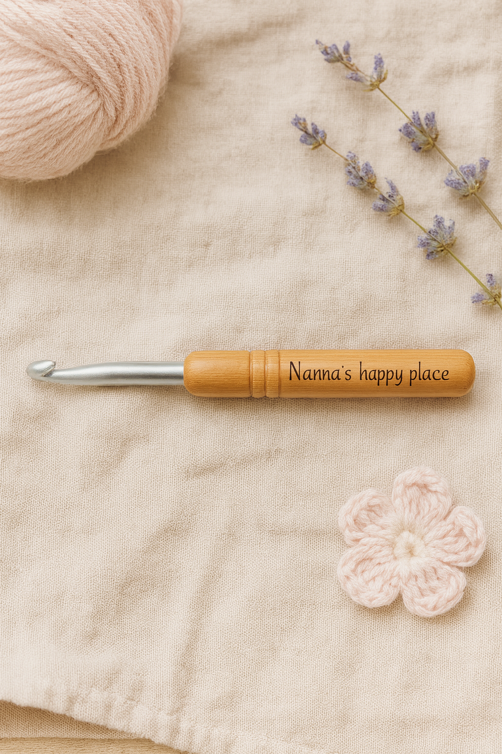 Personalised Crochet Hook – Custom Name or Phrase – Engraved Wooden Handle – Crochet Gift for Her, Yarn Lovers, and Makers