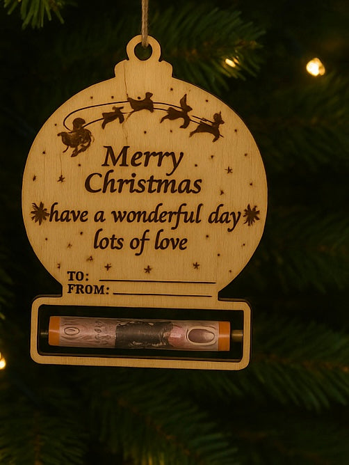 Personalised Wooden Christmas Money Holder Ornament – Engraved Festive Tree Decoration