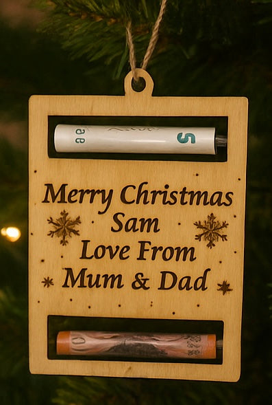 Personalised Wooden Christmas Money Holder Ornament – Engraved Festive Tree Decoration