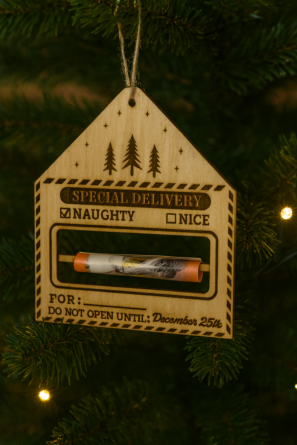 Personalised Wooden Christmas Money Holder Ornament – Engraved Festive Tree Decoration