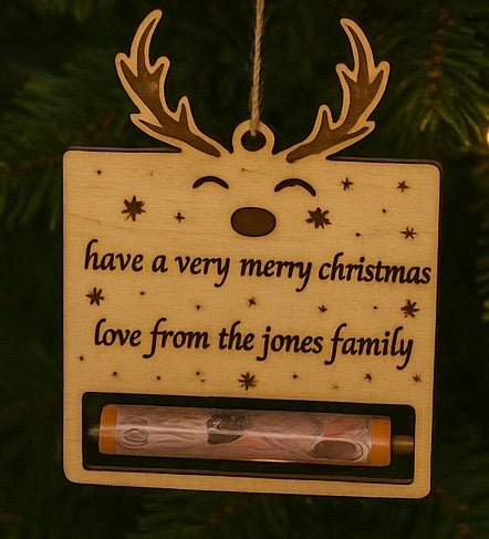 Personalised Wooden Christmas Money Holder Ornament – Engraved Festive Tree Decoration