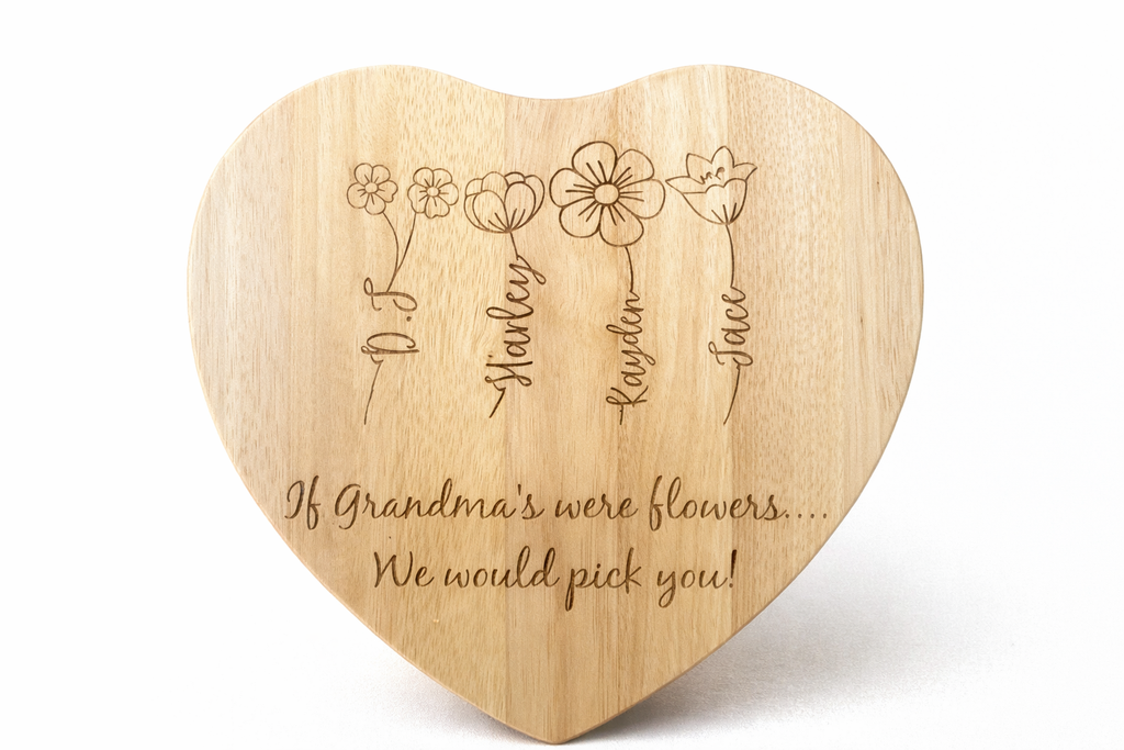 Personalised “If Grandmas Were Flowers” Wooden Heart chopping board