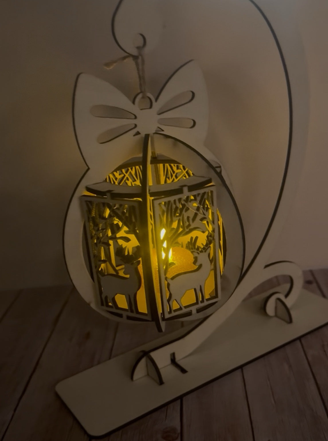 Wooden Hanging Christmas Lantern Decoration on Stand – LED Tealight Ornament | Laser Cut Layered Lantern | Festive Table Display / Gift
