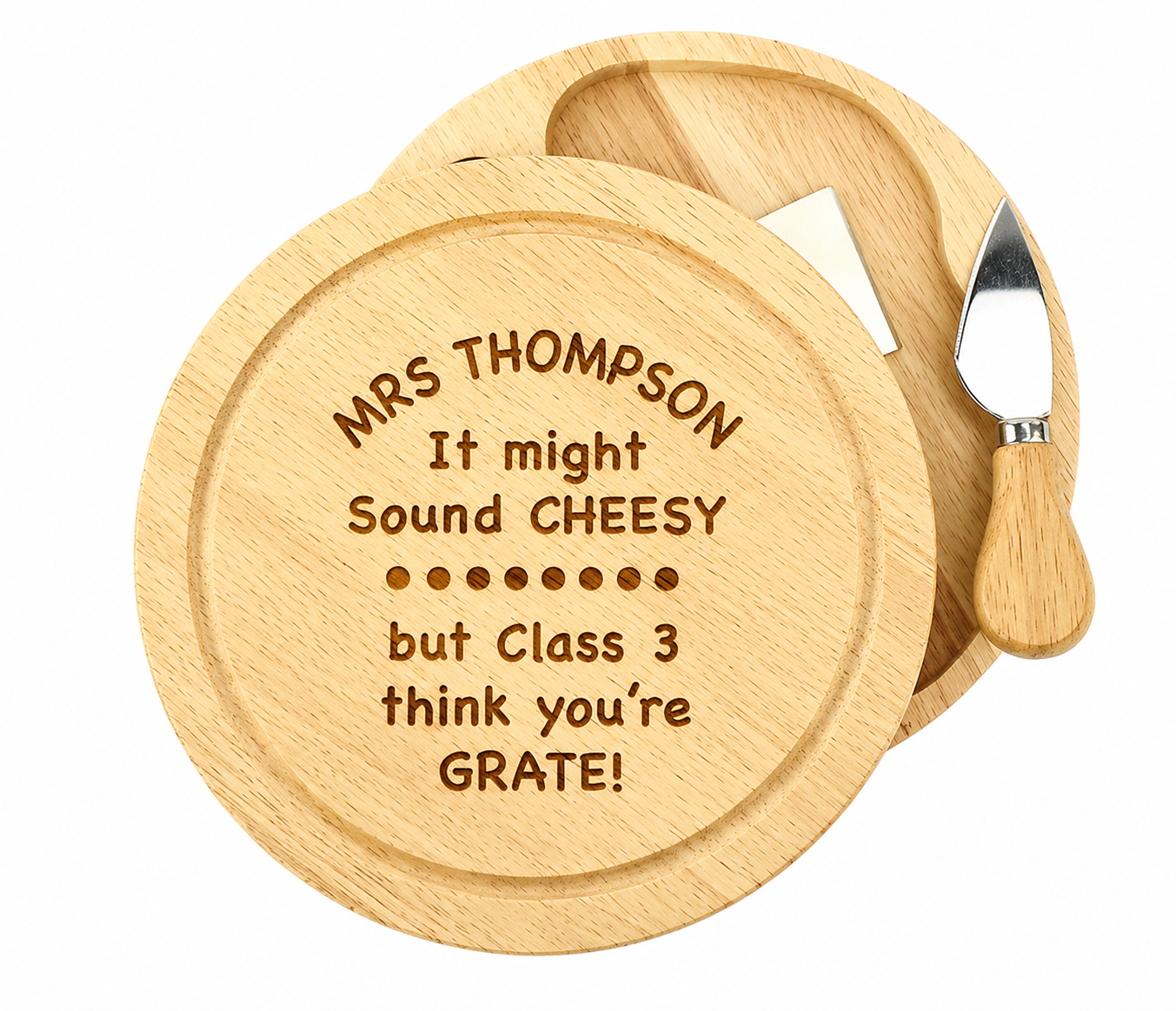Personalised Engraved Cheese Board Gift – Funny Teacher Gift “It Might Sound Cheesy But Class Think You’re Grate” – Wooden Serving Board with Name