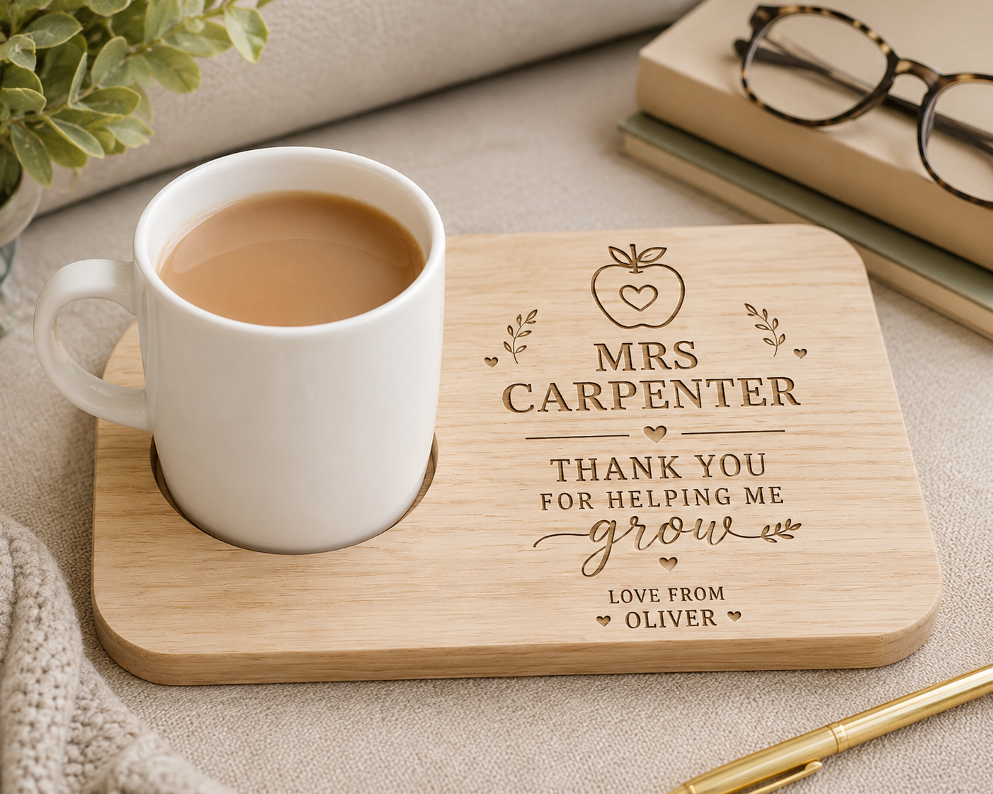 Personalised Teacher Mug Board | Thank You Teacher Gift | Wooden Mug Coaster Board | End of Term Teacher Present