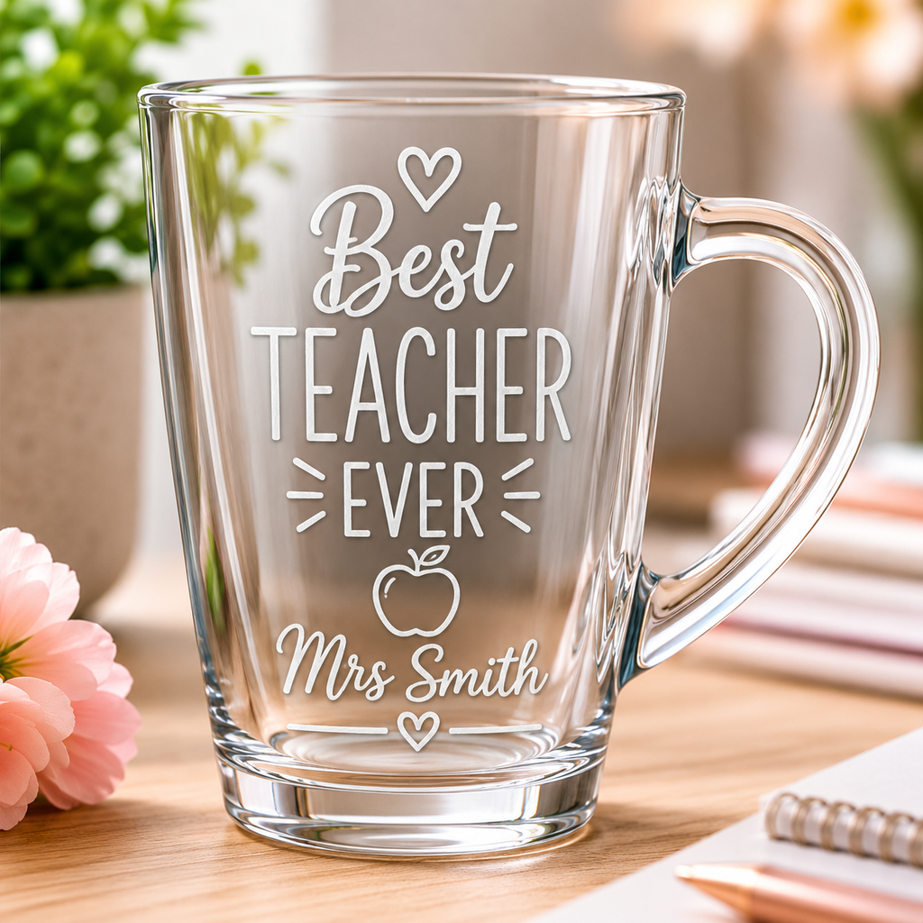 Thank You Teacher Gift | Personalised Glass Mug | End of Term Teacher Present | Custom Teacher Name Mug