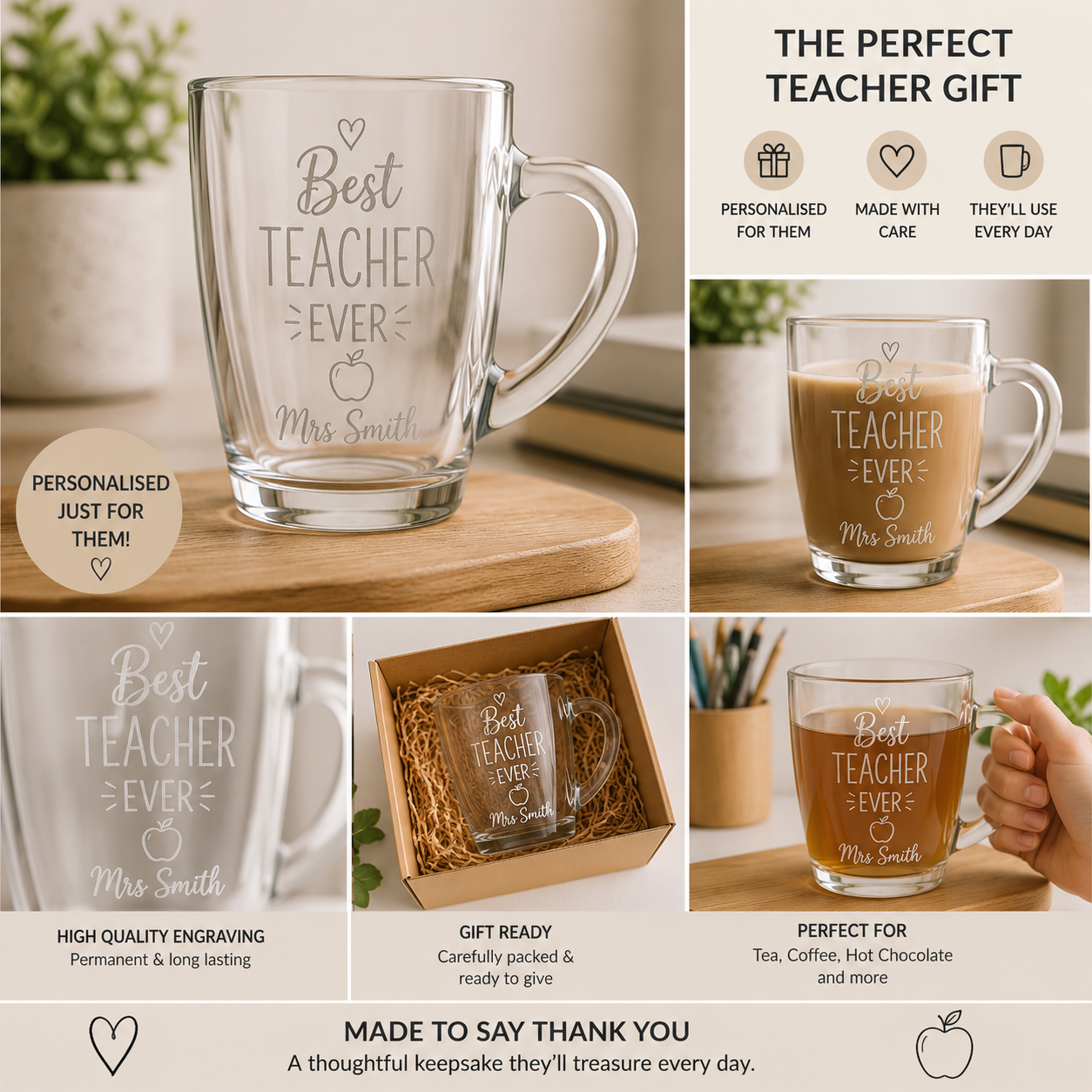 Thank You Teacher Gift | Personalised Glass Mug | End of Term Teacher Present | Custom Teacher Name Mug
