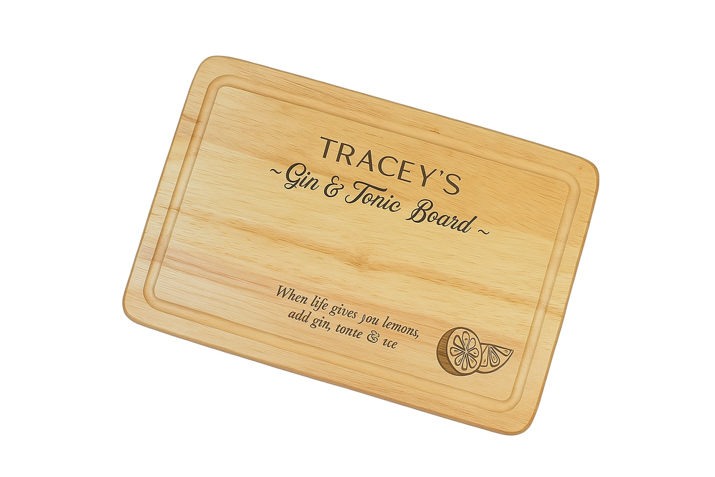 Personalised Gin & Tonic Chopping Board – Custom Name Engraved Wooden Serving Board