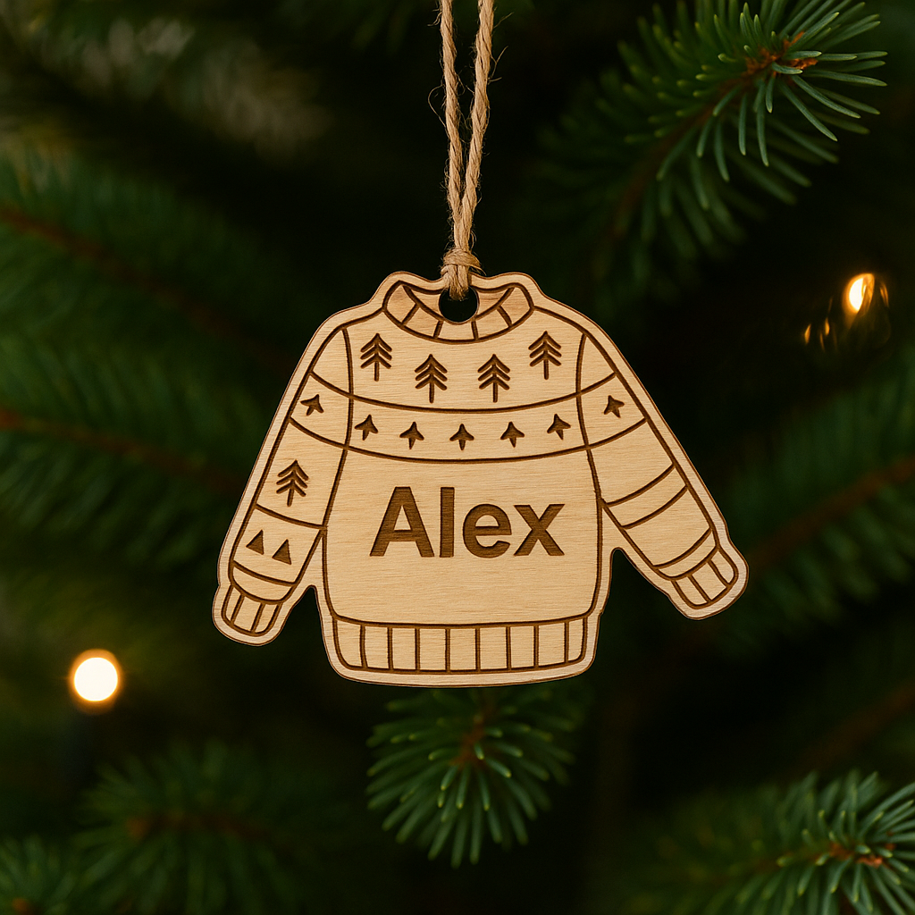 Personalised Wooden Christmas Jumper Ornament – Custom Name Engraved Decoration