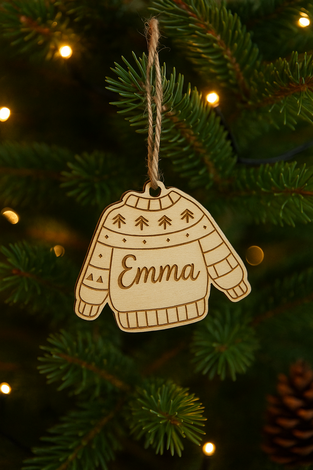 Personalised Wooden Christmas Jumper Ornament – Custom Name Engraved Decoration