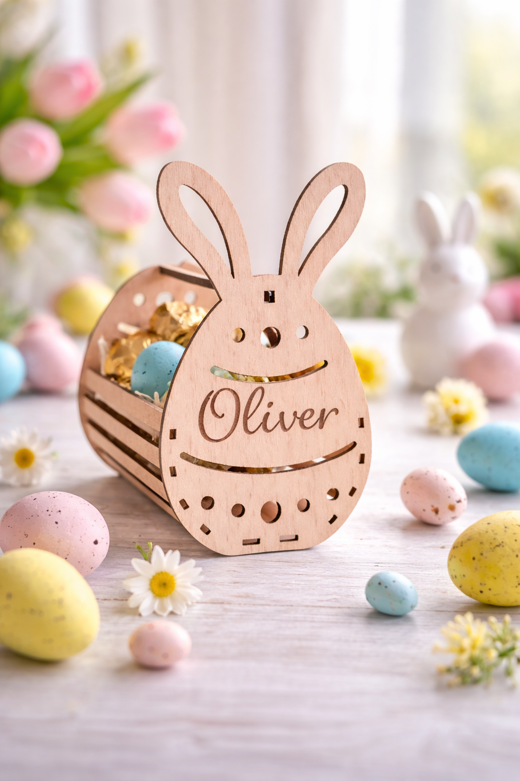 Personalised Wooden Easter Bunny Basket | Reusable Easter Egg Basket | Custom Name Bunny Basket | Easter Gift for Kids | Easter Egg Hunt Basket