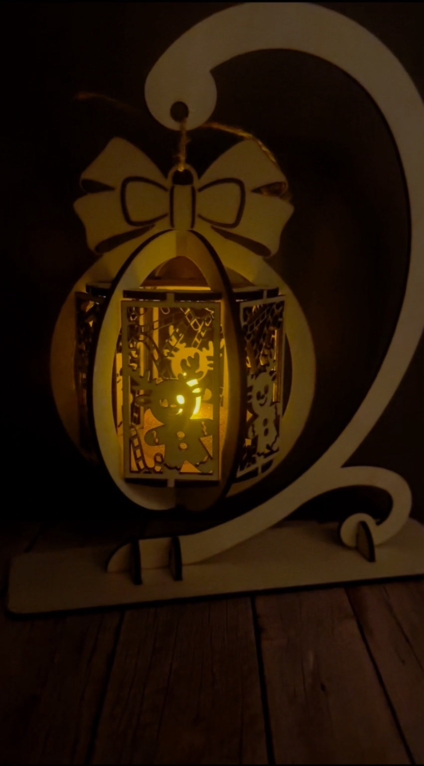 Wooden Hanging Christmas Lantern Decoration on Stand – LED Tealight Ornament | Laser Cut Layered Lantern | Festive Table Display / Gift