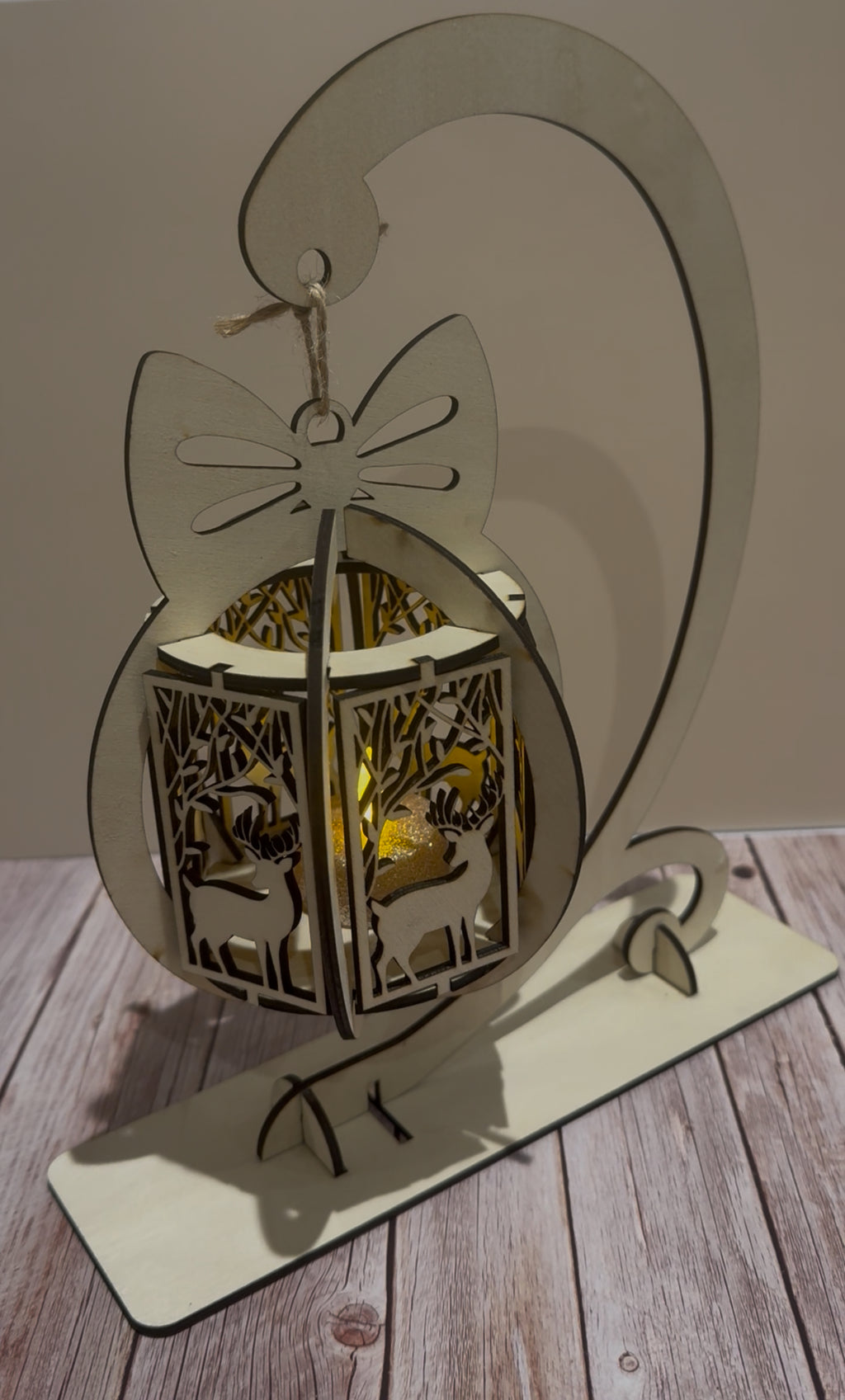 Wooden Hanging Christmas Lantern Decoration on Stand – LED Tealight Ornament | Laser Cut Layered Lantern | Festive Table Display / Gift