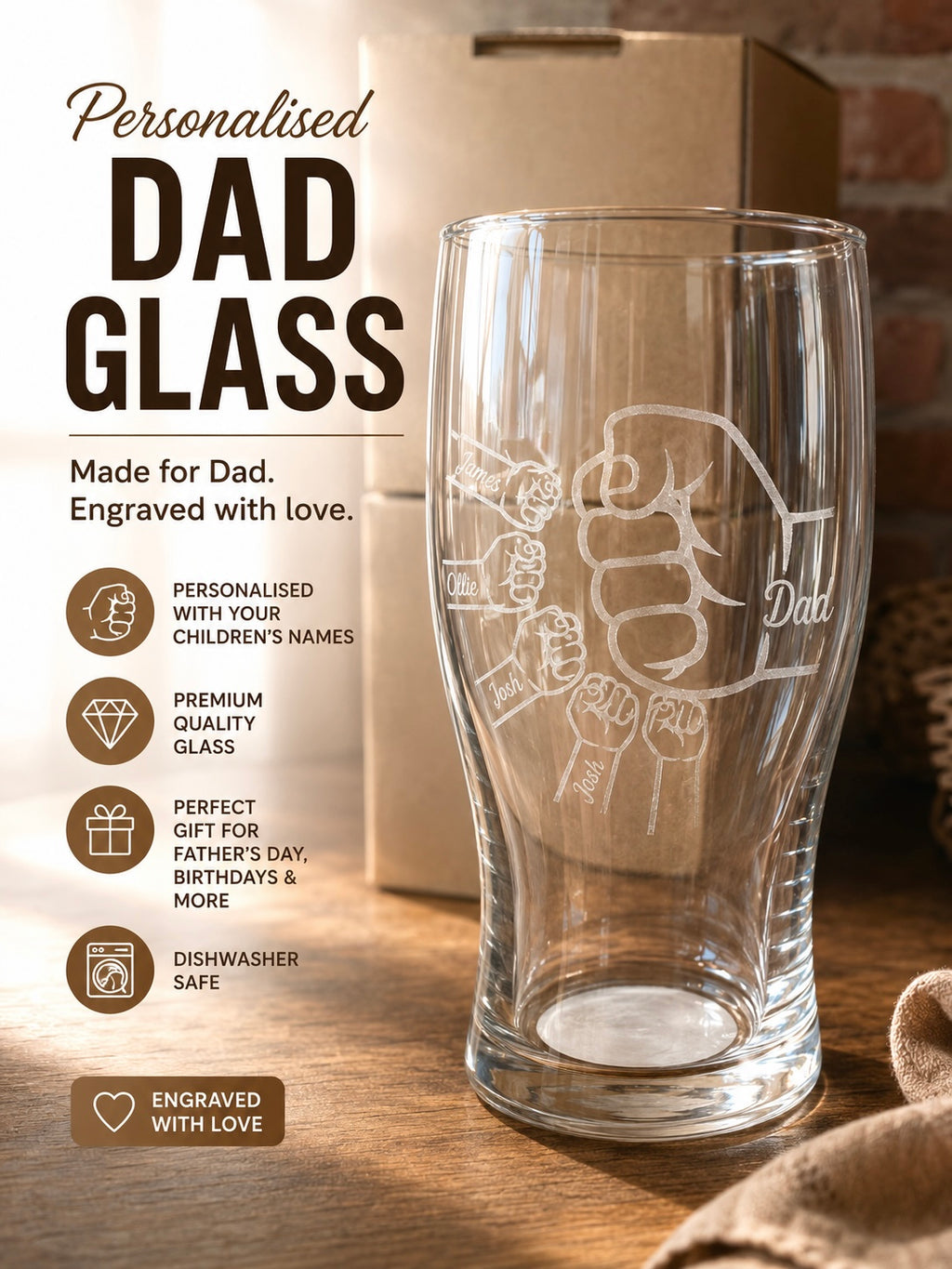 Personalised Dad Pint Glass – Fist Bump Engraved Beer Glass – Custom Kids Names Gift for Dad – Father’s Day Gift from Sons – Laser Engraved