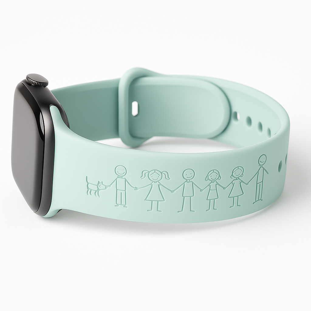 Personalised Apple Watch Band with Family Names & Stick Figures – Custom Engraved Silicone Strap for Apple Watch – Gift for men or women