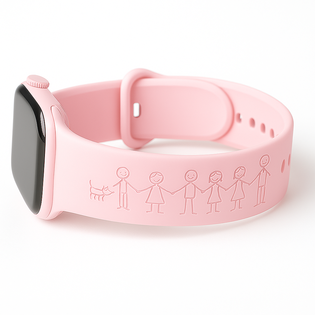 Personalised Apple Watch Band with Family Names & Stick Figures – Custom Engraved Silicone Strap for Apple Watch – Gift for men or women