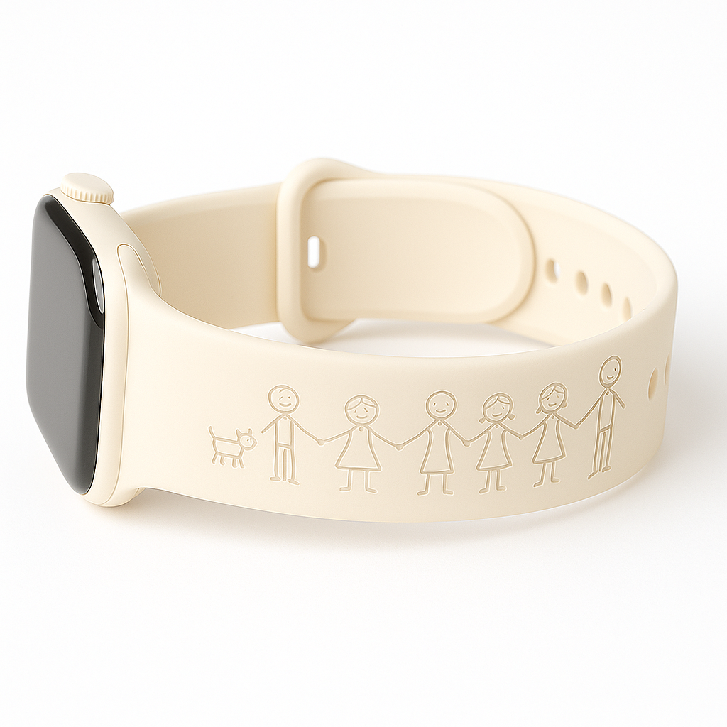Personalised Apple Watch Band with Family Names & Stick Figures – Custom Engraved Silicone Strap for Apple Watch – Gift for men or women