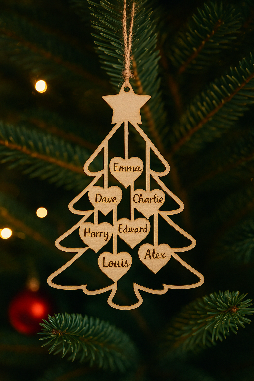 Personalised Wooden Family Christmas Tree Ornament – Custom Engraved Keepsake Decoration