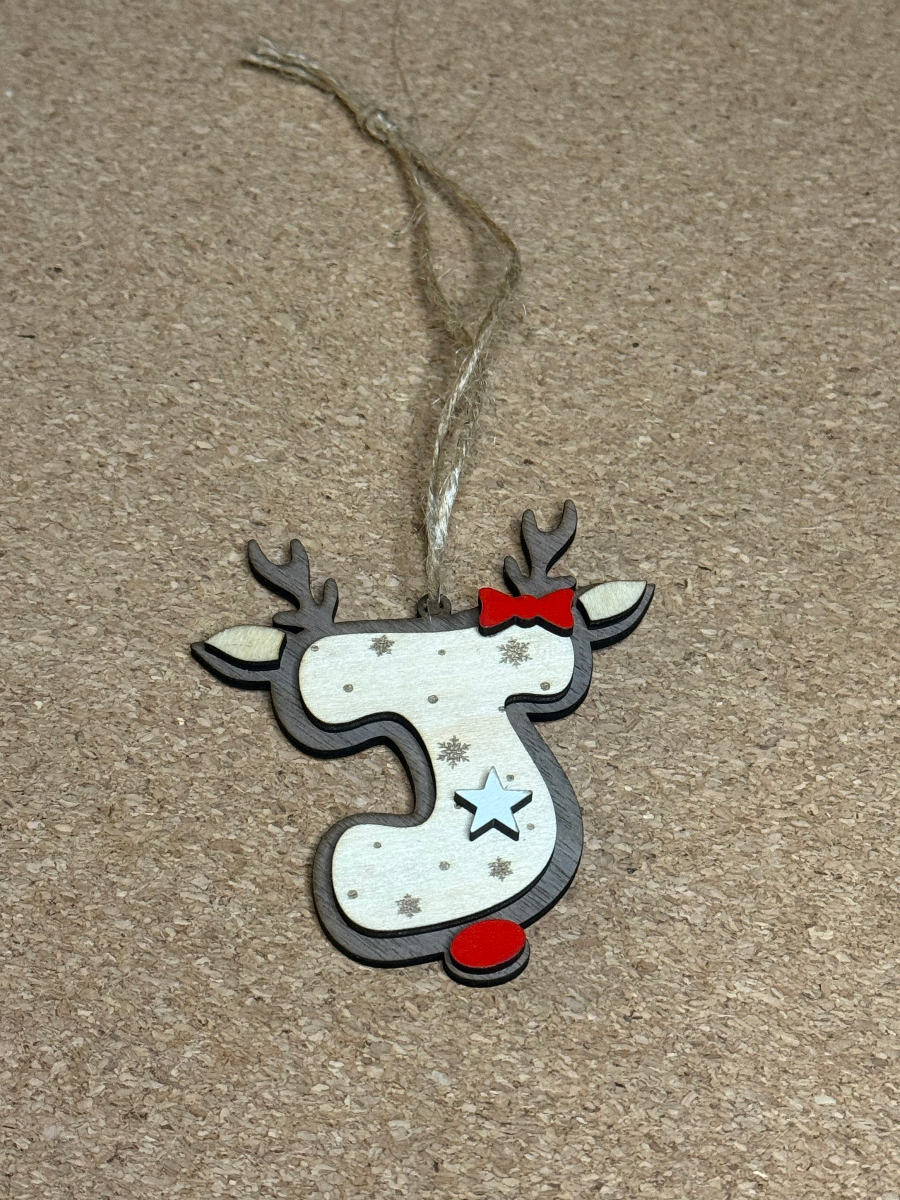 Personalised Reindeer Initial Christmas Decoration – Any Letter – Wooden Hanging Ornament