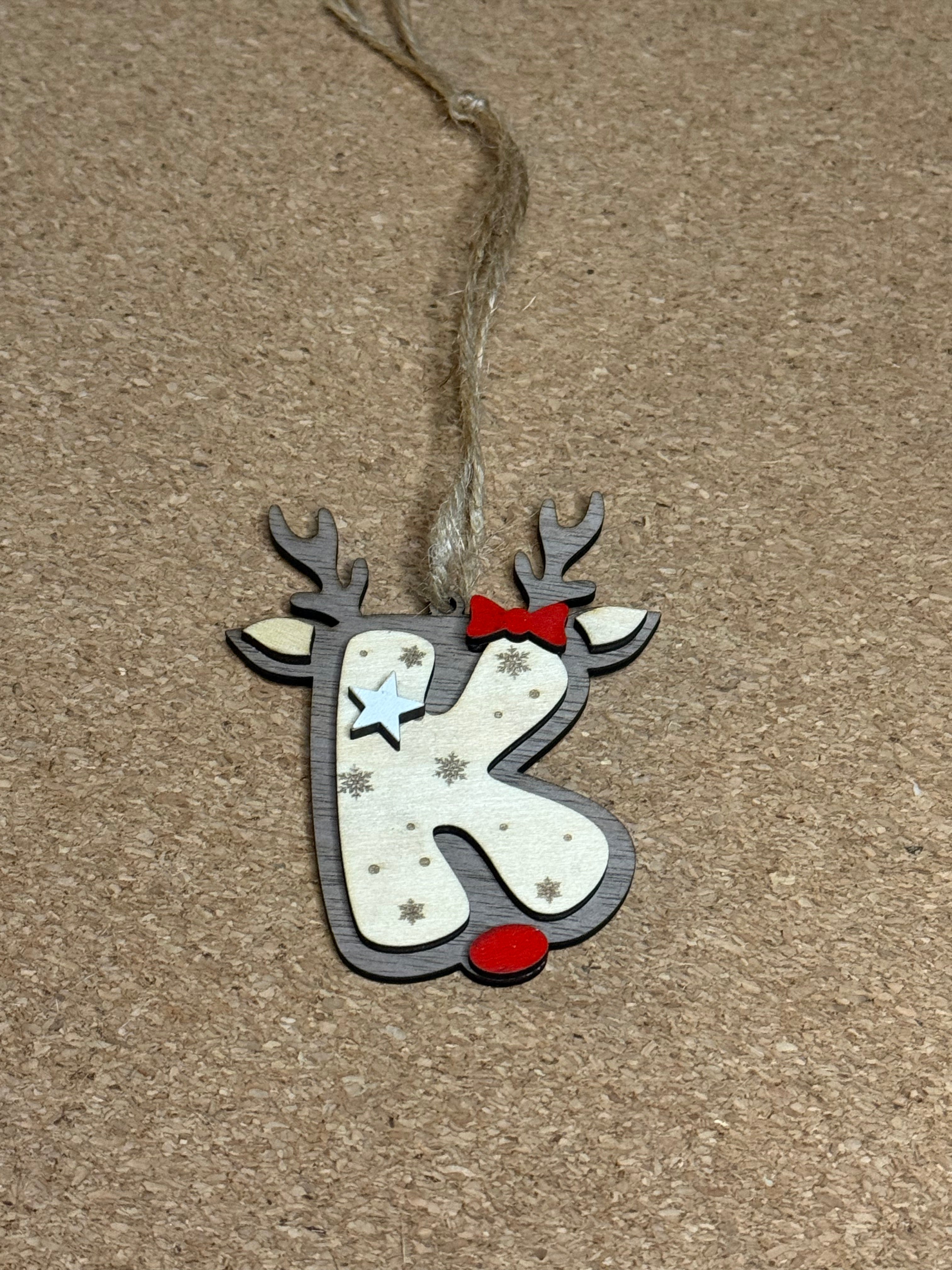 Personalised Reindeer Initial Christmas Decoration – Any Letter – Wooden Hanging Ornament