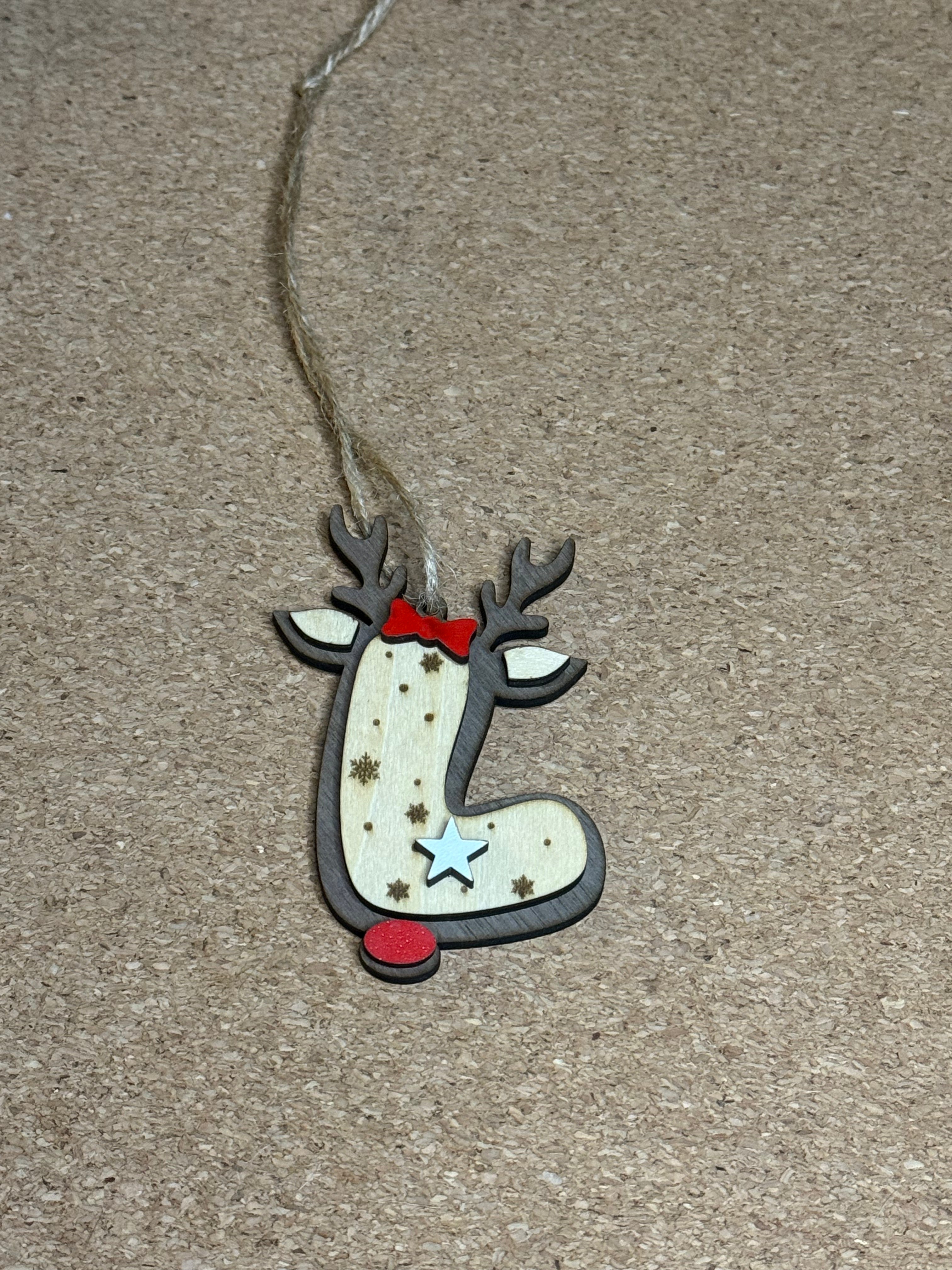Personalised Reindeer Initial Christmas Decoration – Any Letter – Wooden Hanging Ornament