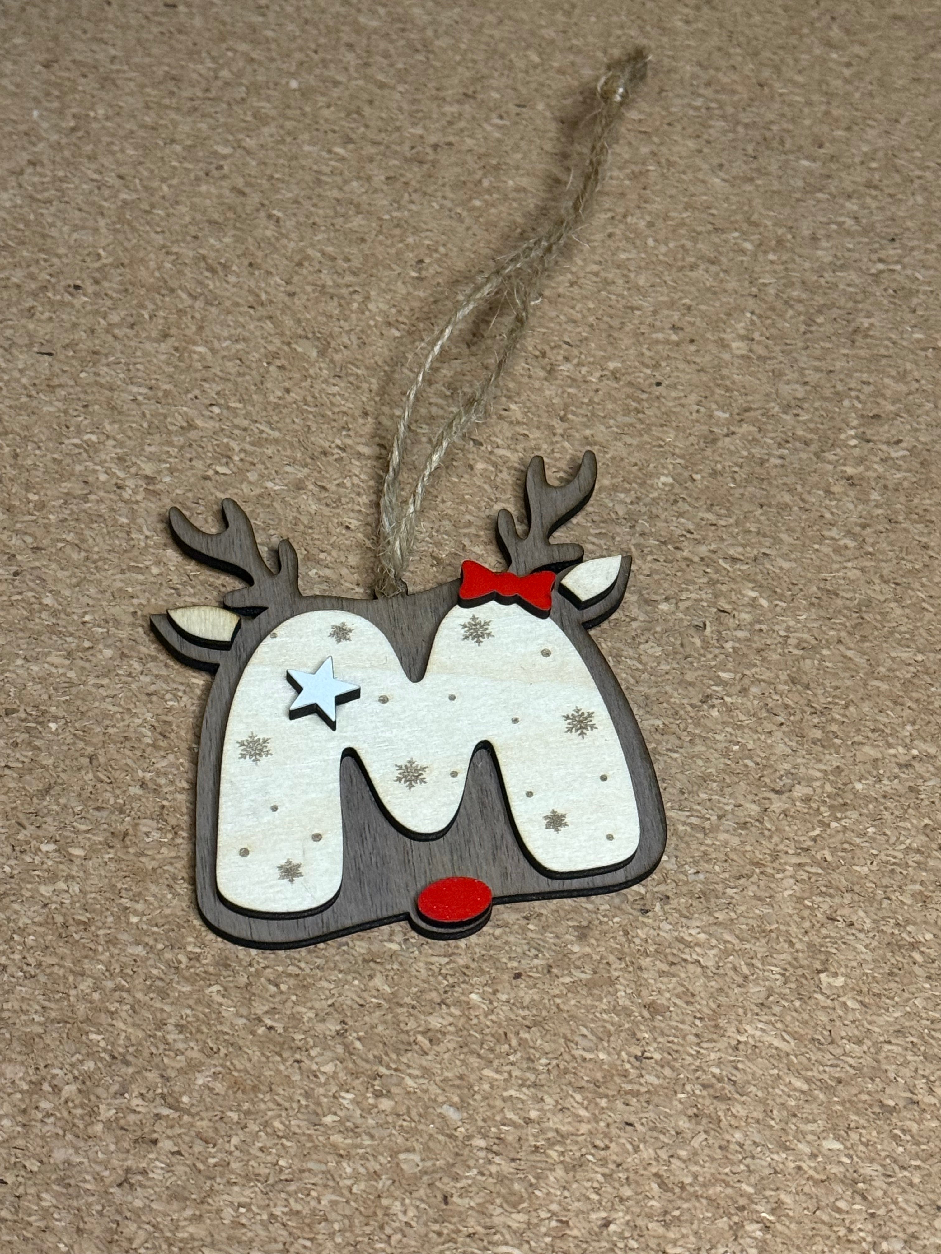 Personalised Reindeer Initial Christmas Decoration – Any Letter – Wooden Hanging Ornament