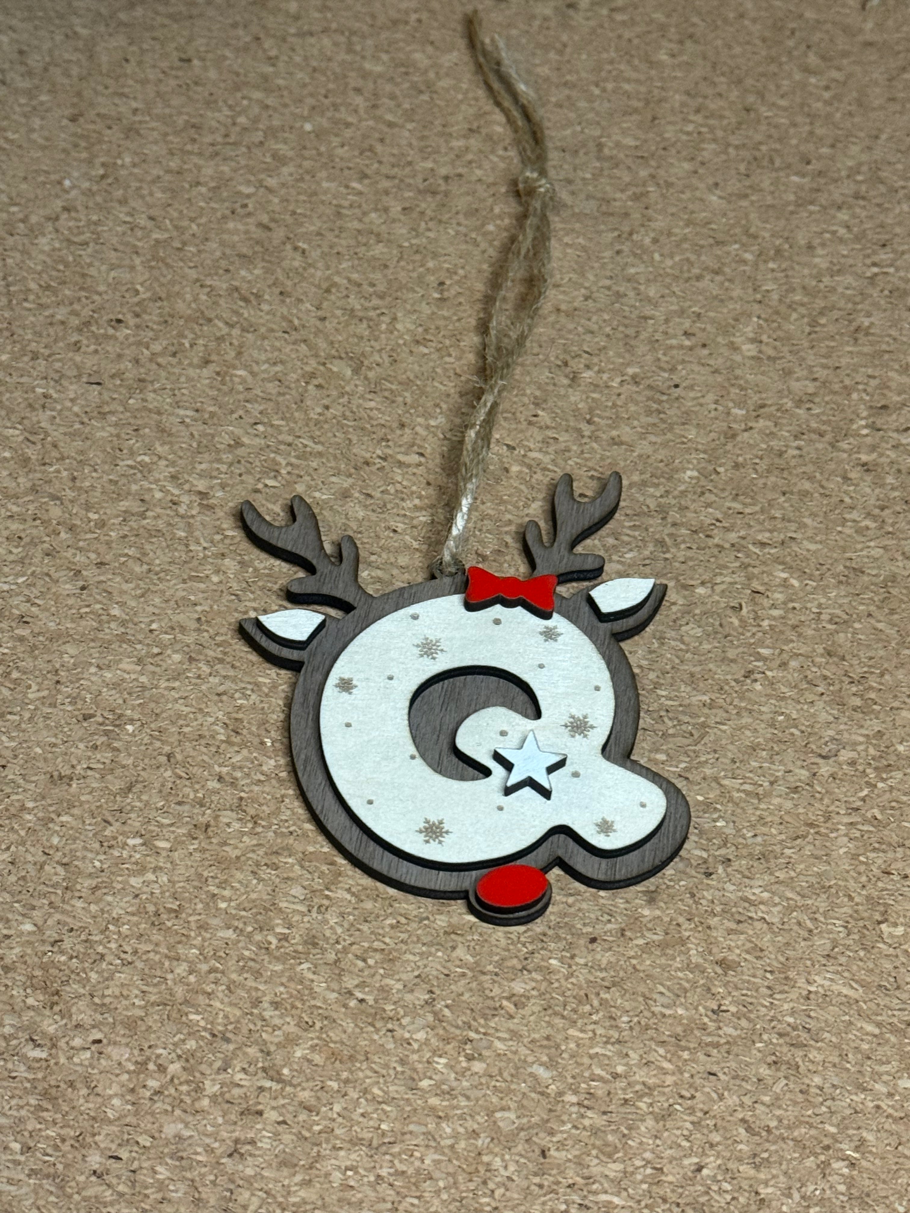Personalised Reindeer Initial Christmas Decoration – Any Letter – Wooden Hanging Ornament