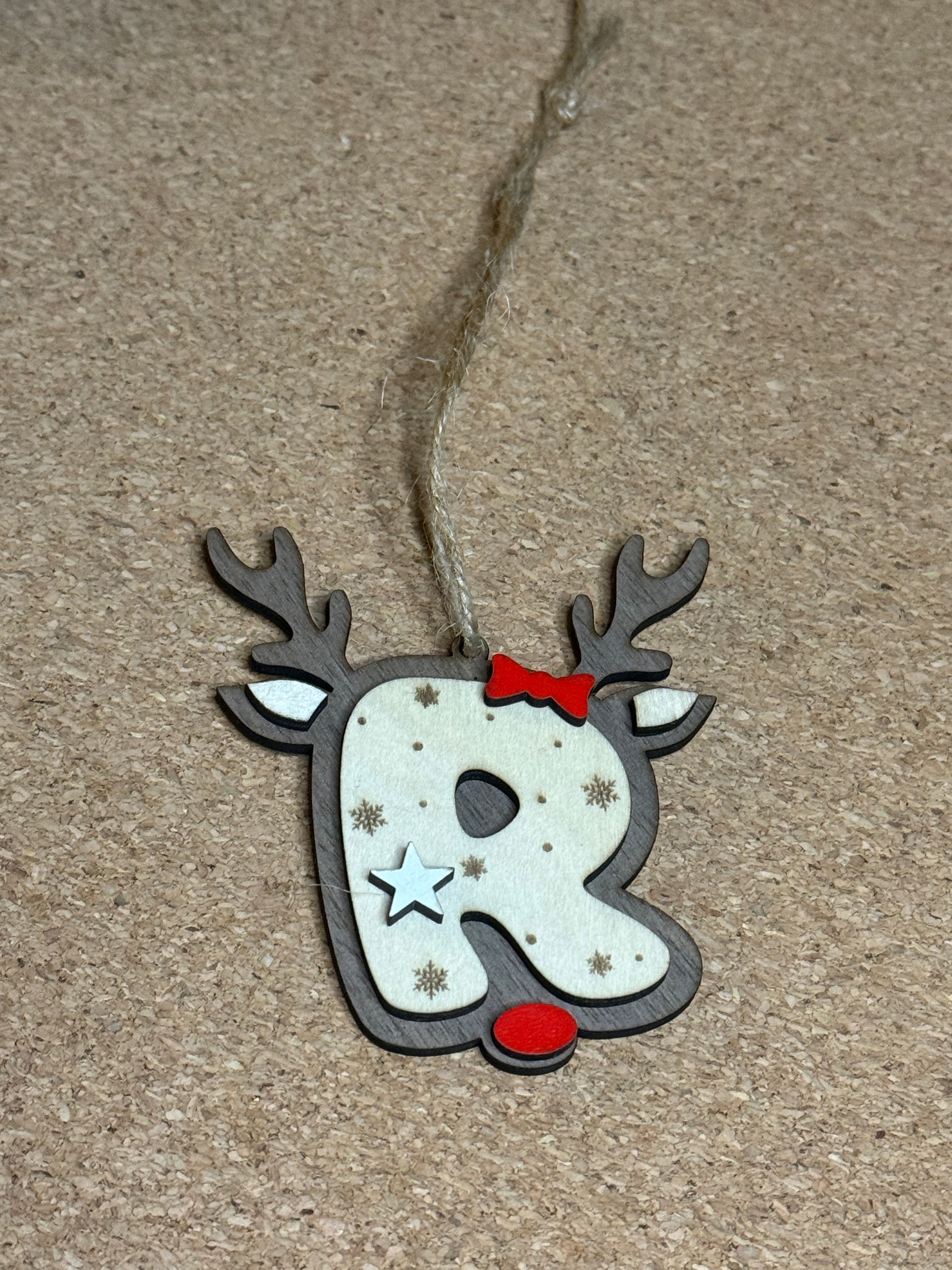 Personalised Reindeer Initial Christmas Decoration – Any Letter – Wooden Hanging Ornament