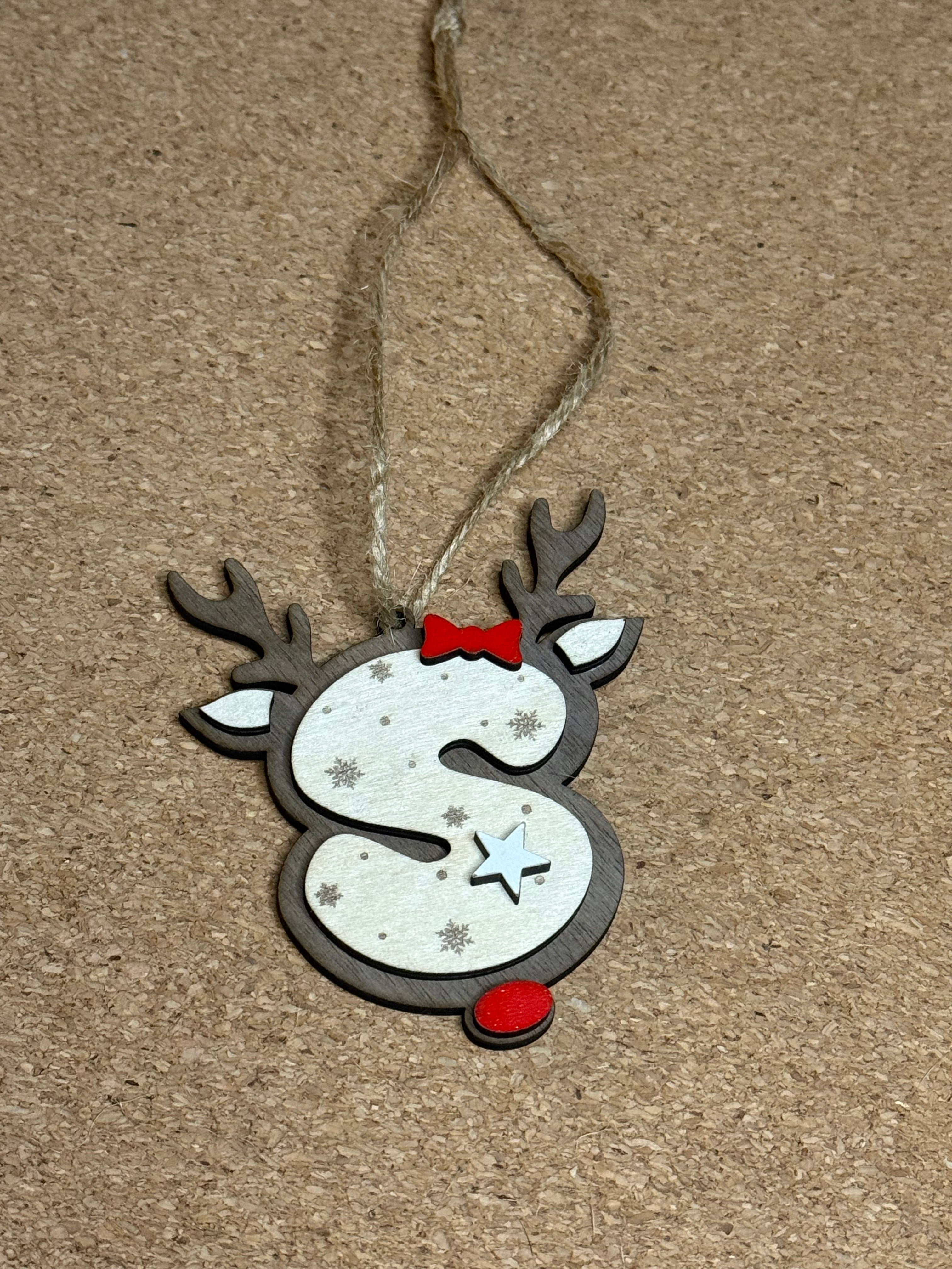 Personalised Reindeer Initial Christmas Decoration – Any Letter – Wooden Hanging Ornament