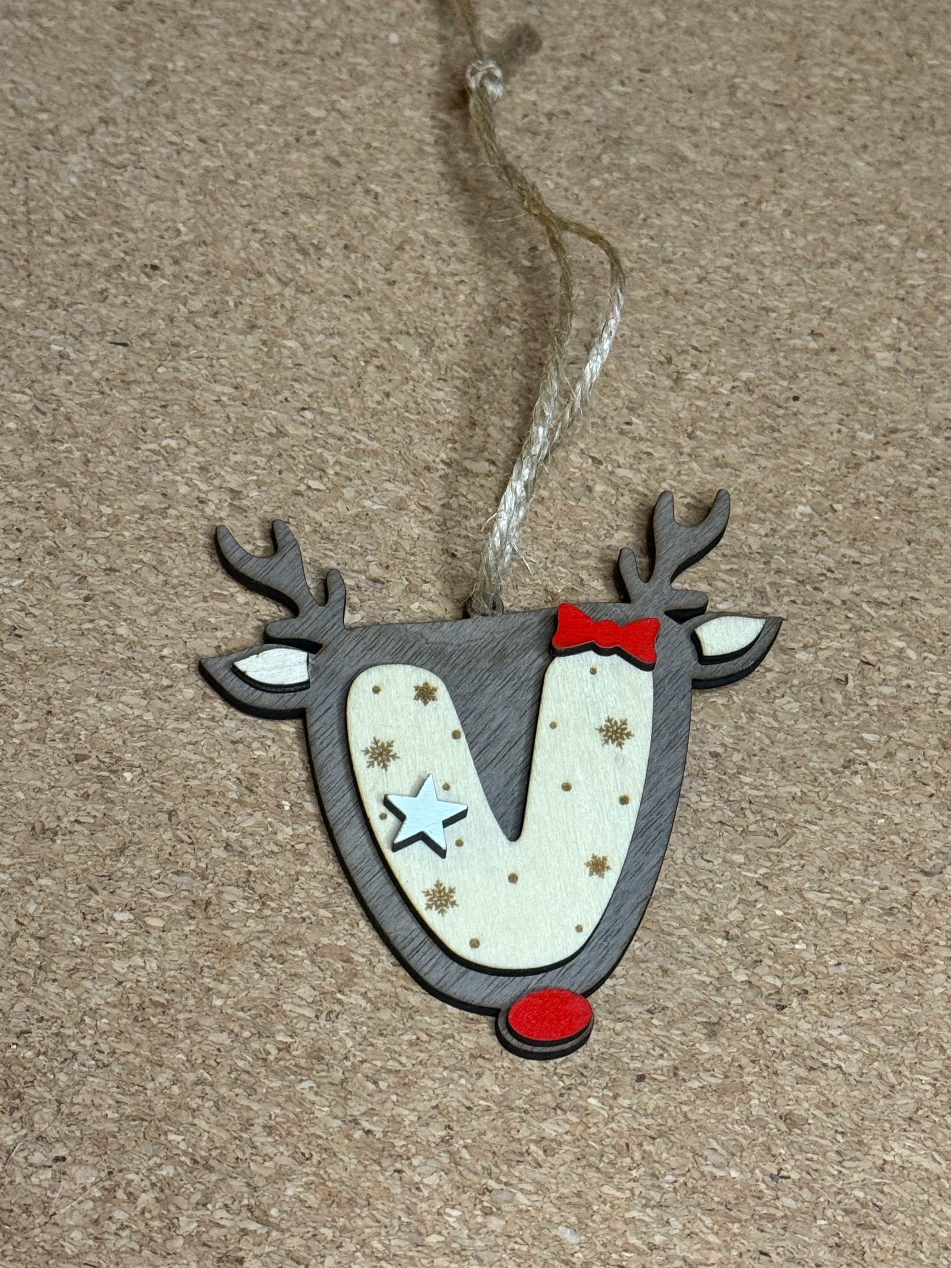 Personalised Reindeer Initial Christmas Decoration – Any Letter – Wooden Hanging Ornament