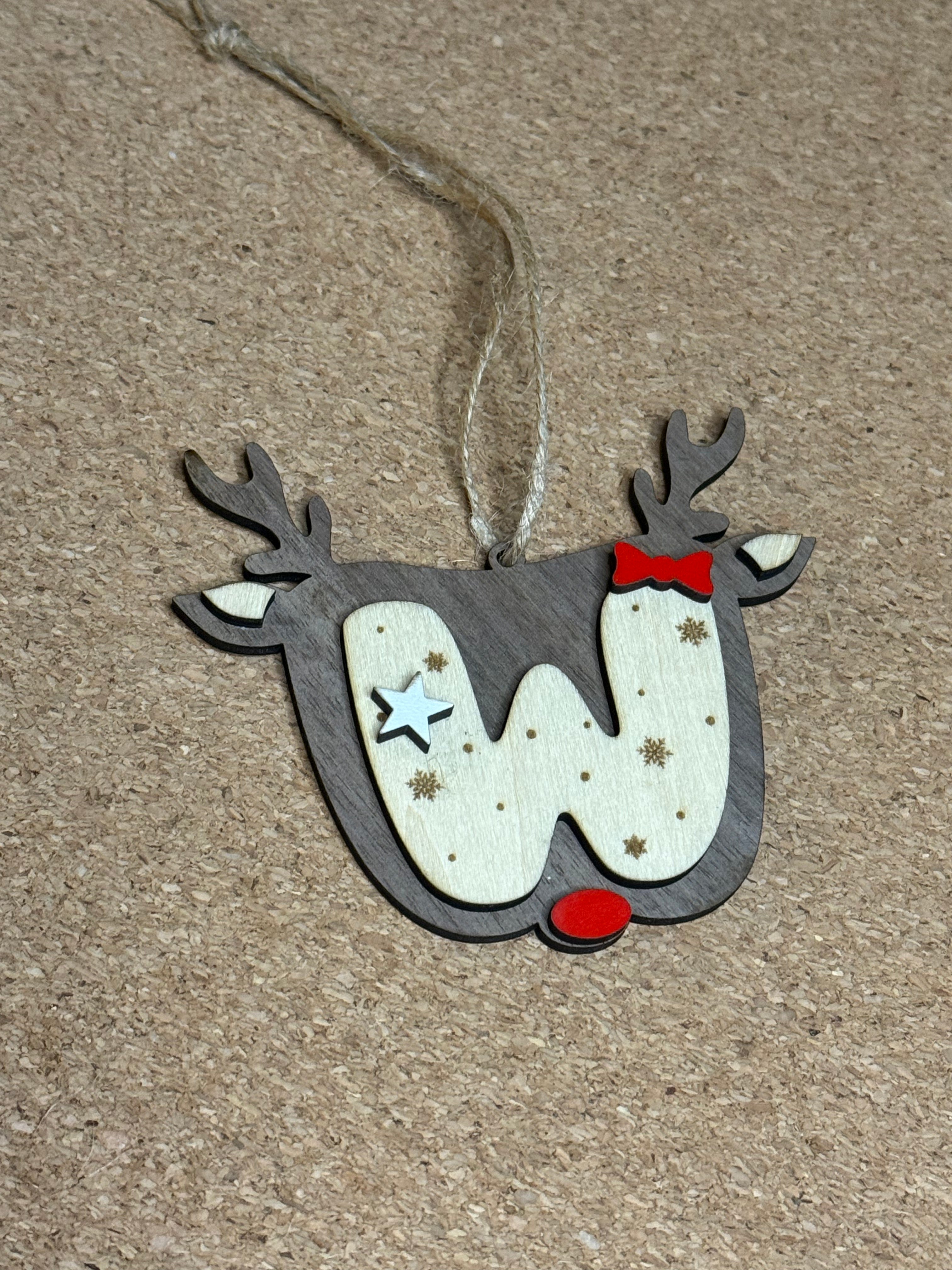 Personalised Reindeer Initial Christmas Decoration – Any Letter – Wooden Hanging Ornament