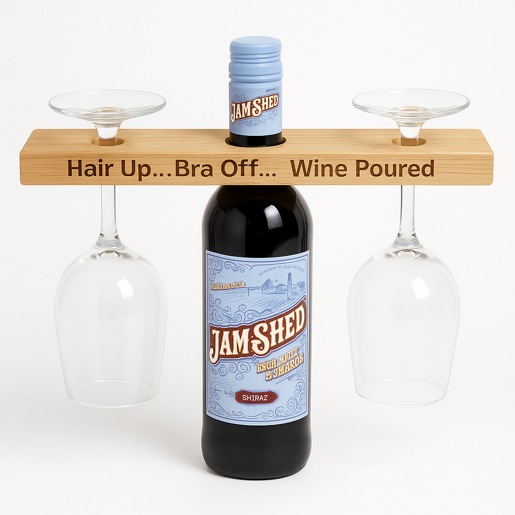 Hair Up… Bra Off… Wine Poured – Funny Wooden Wine Glass Holder