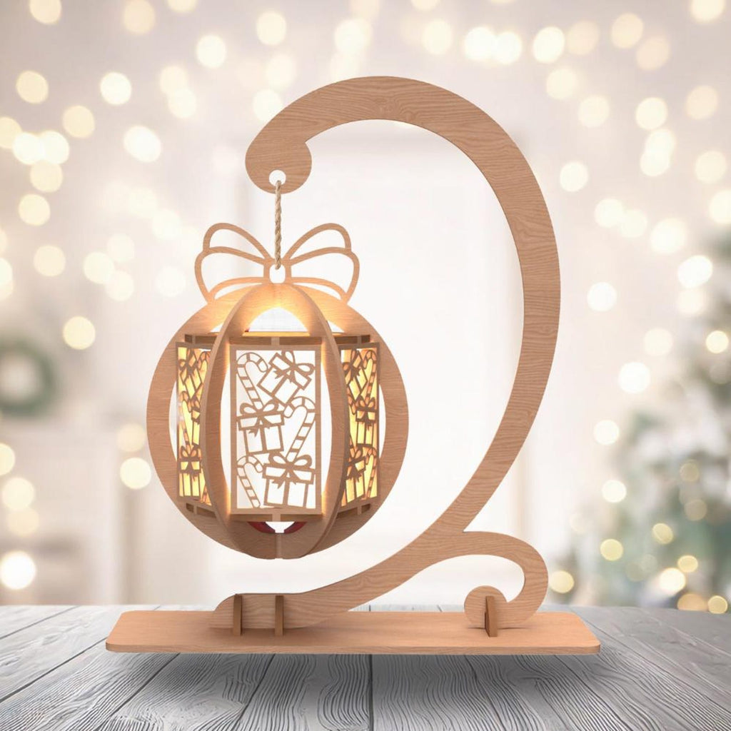 Wooden Hanging Christmas Lantern Decoration on Stand – LED Tealight Ornament | Laser Cut Layered Lantern | Festive Table Display / Gift