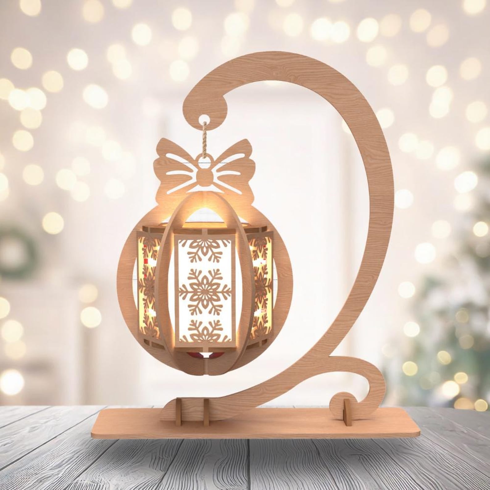 Wooden Hanging Christmas Lantern Decoration on Stand – LED Tealight Ornament | Laser Cut Layered Lantern | Festive Table Display / Gift