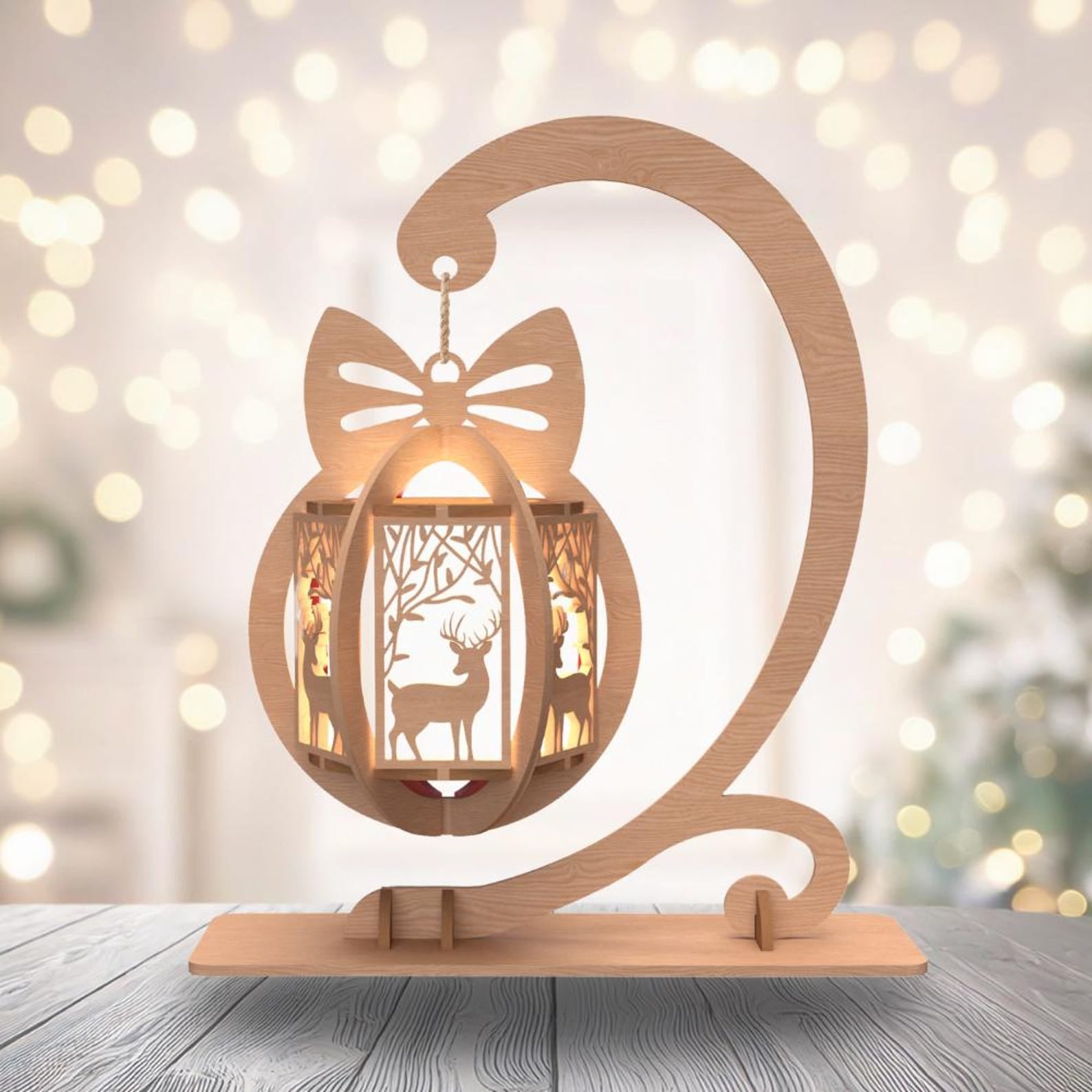Wooden Hanging Christmas Lantern Decoration on Stand – LED Tealight Ornament | Laser Cut Layered Lantern | Festive Table Display / Gift