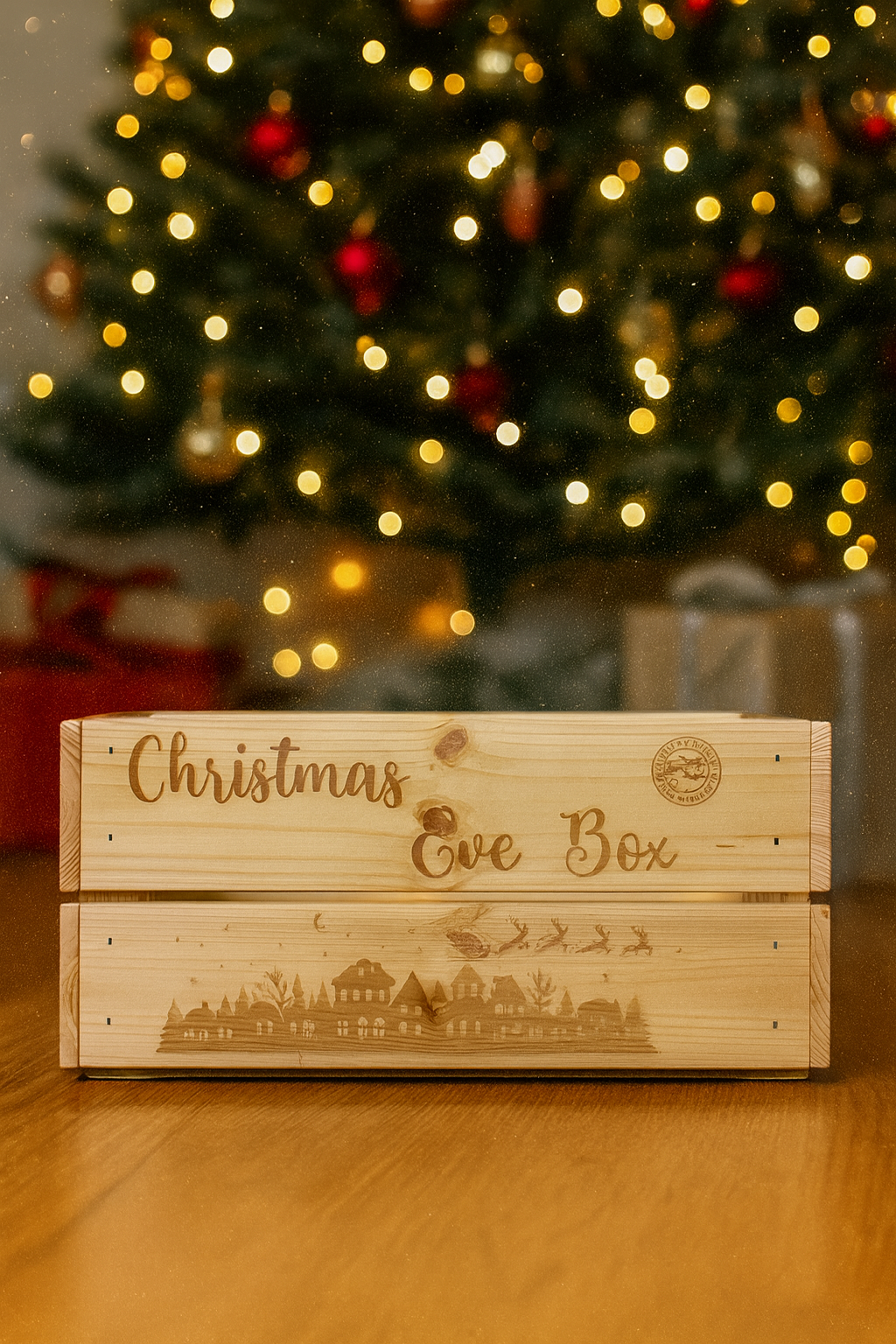 Personalised Wooden Christmas Eve Box – Santa & Village Engraving | Christmas Keepsake Crate