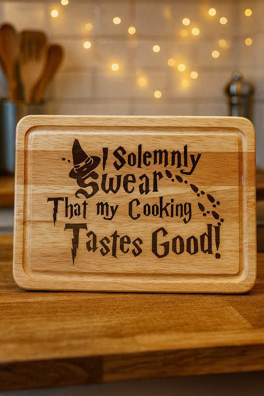 Funny Wizard-Themed Chopping Board – “I Solemnly Swear That My Cooking Tastes Good!”