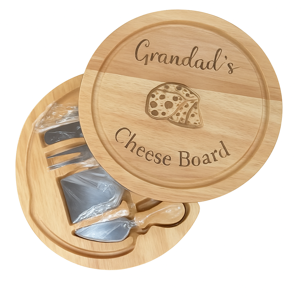 Personalised ‘Grandad’s Cheese Board’ – Engraved Wooden Round Cheese Platter | Custom Gift for Grandad, Dad, Father’s Day, Christmas, Birthday