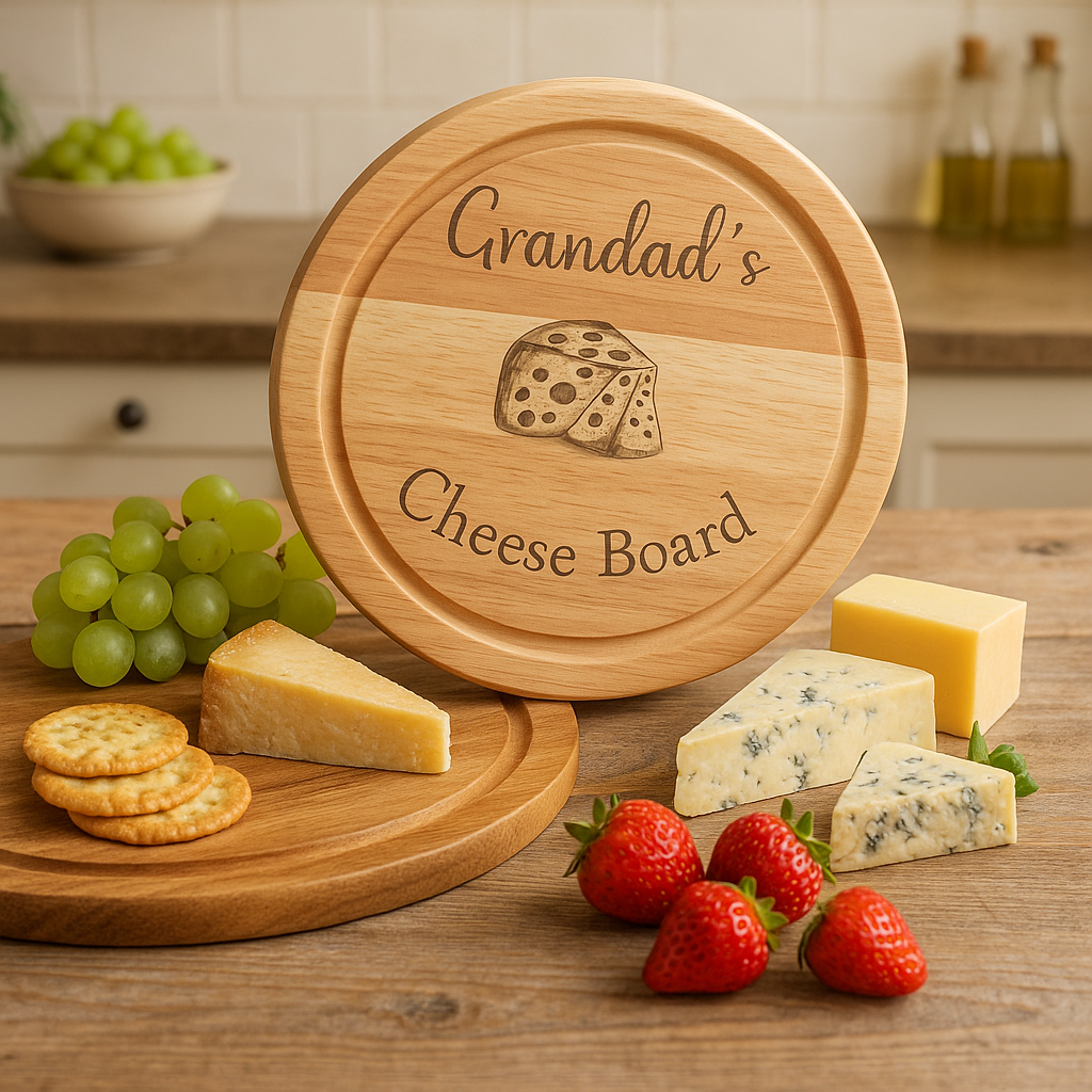 Personalised ‘Grandad’s Cheese Board’ – Engraved Wooden Round Cheese Platter | Custom Gift for Grandad, Dad, Father’s Day, Christmas, Birthday