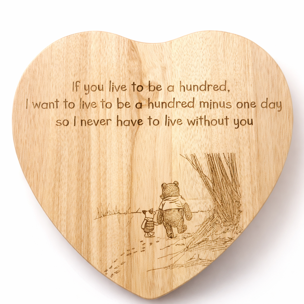 Personalised Heart-Shaped Wooden Plaque – Storybook Bear & Pig Design