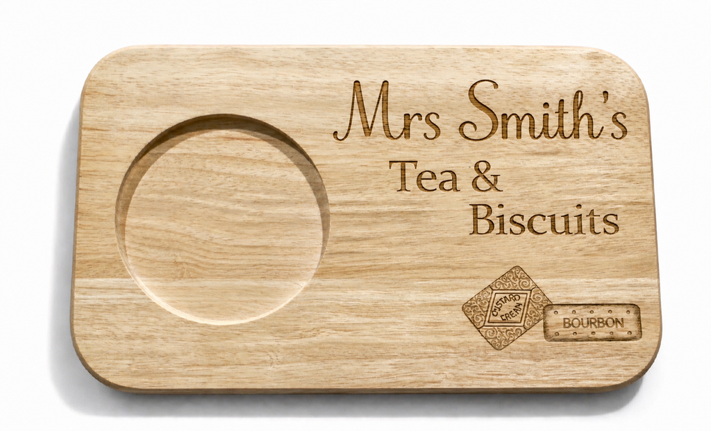 Personalised Tea & Biscuit Board – Engraved Wooden Tea Tray – “Mrs Smith’s Tea & Biscuits” Gift