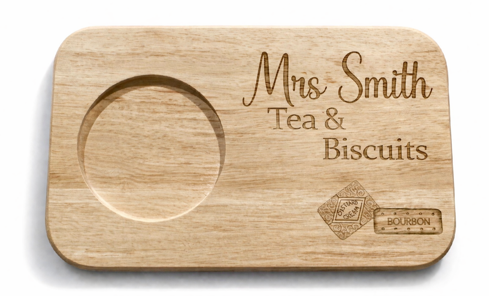 Personalised Tea & Biscuit Board – Engraved Wooden Tea Tray – “Mrs Smith’s Tea & Biscuits” Gift