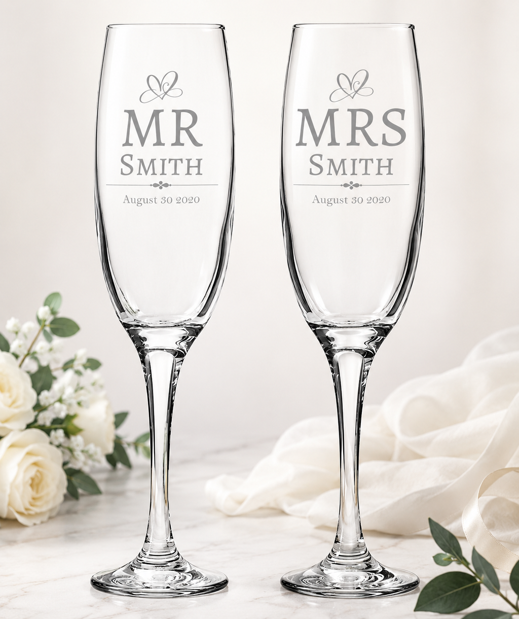 Personalised Mr & Mrs Champagne Flutes – Engraved Wedding Glass Set – Custom Wedding Toasting Glasses – Bride & Groom Gift
