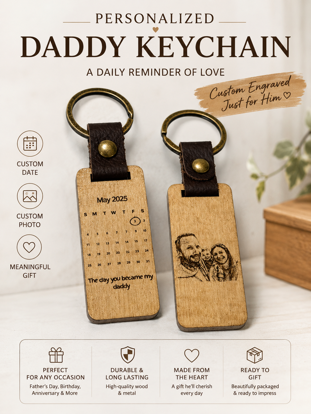 Personalised Daddy Calendar Keyring – Custom Photo & Special Date Gift for Dad