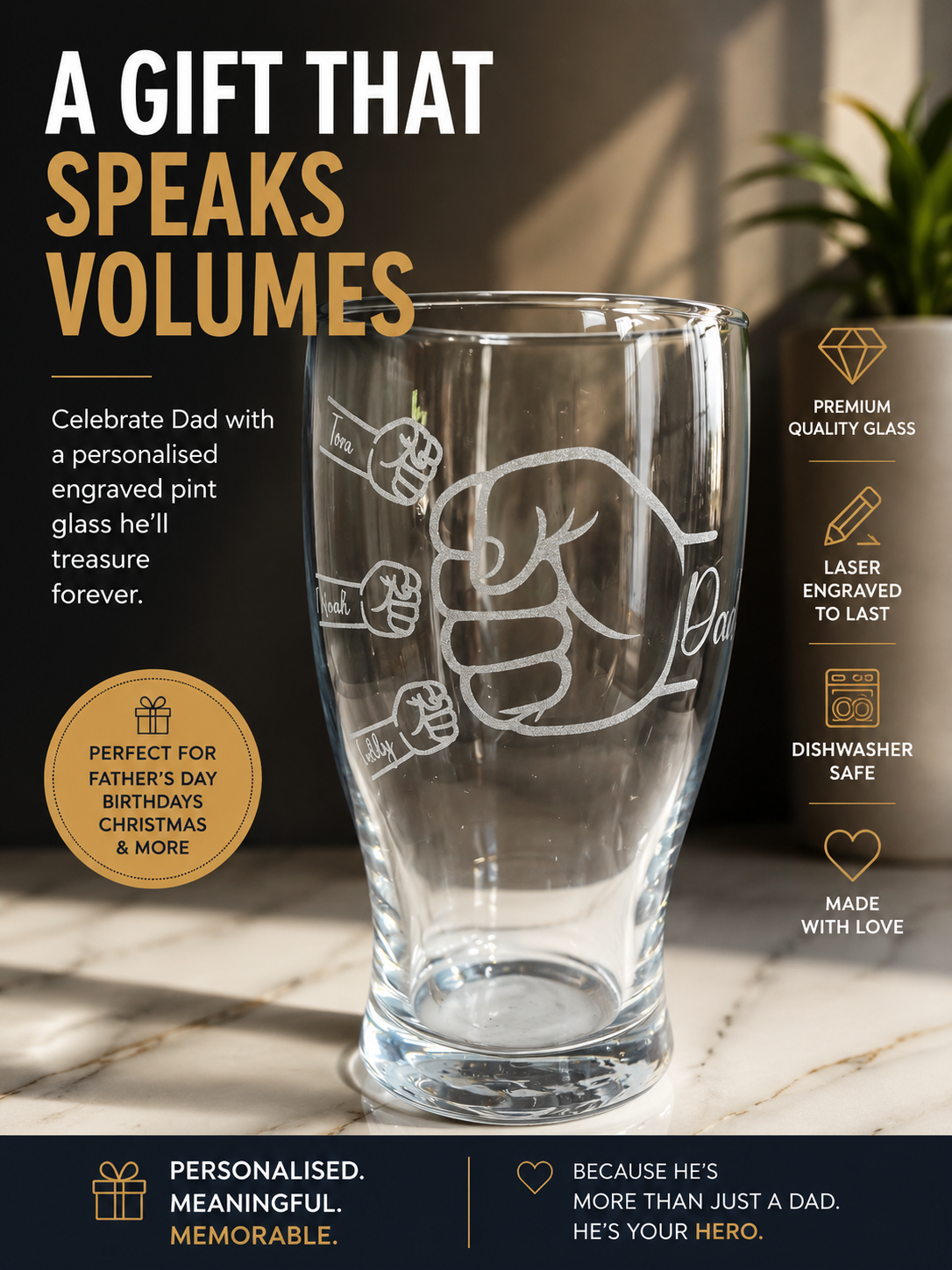 Personalised Dad Pint Glass – Fist Bump Engraved Beer Glass – Custom Kids Names Gift for Dad – Father’s Day Gift from Sons – Laser Engraved