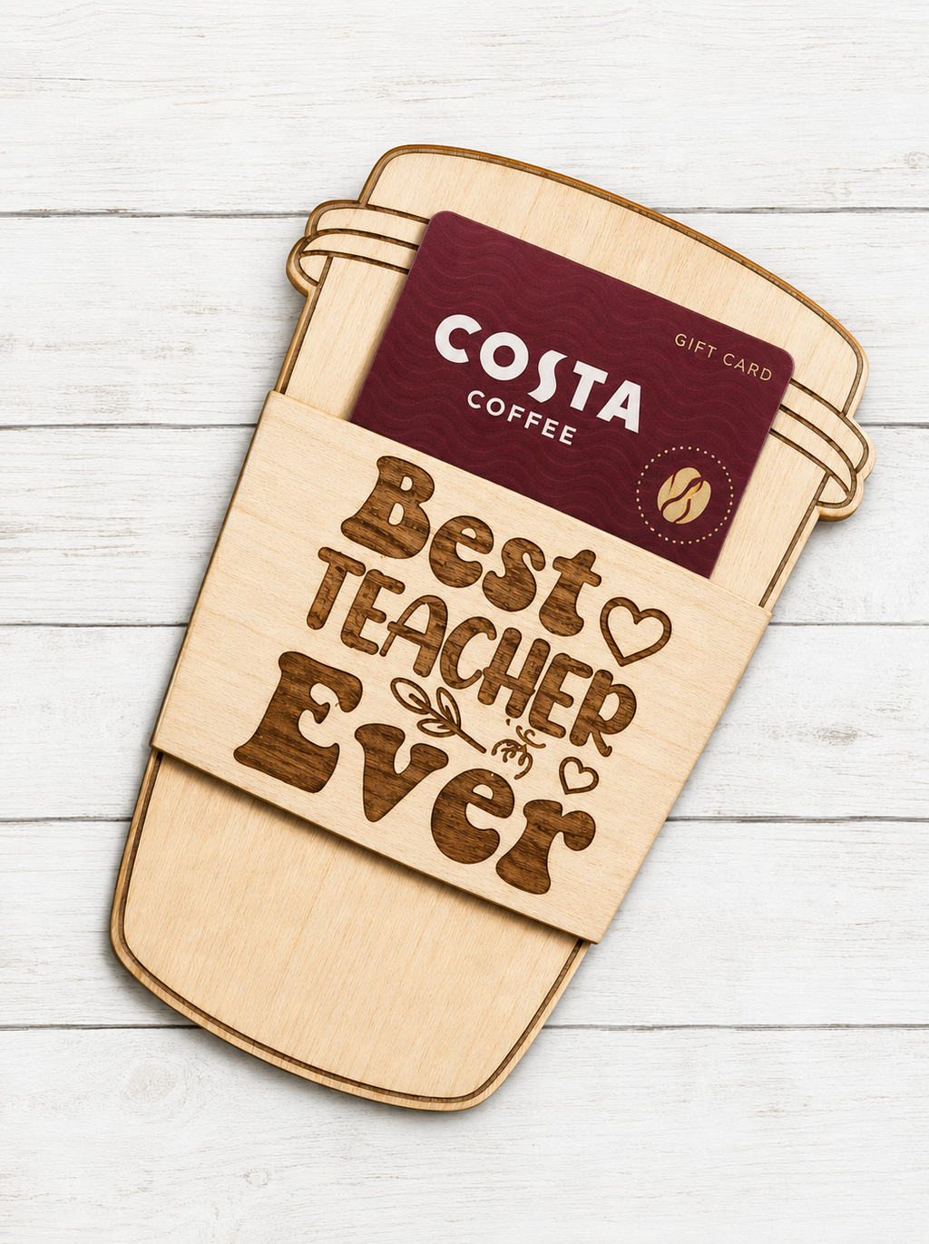 Teacher Gift Card Holder – Thank You Teacher Gift – Wooden Coffee Cup Gift Card Sleeve – End of Term Teacher Gift