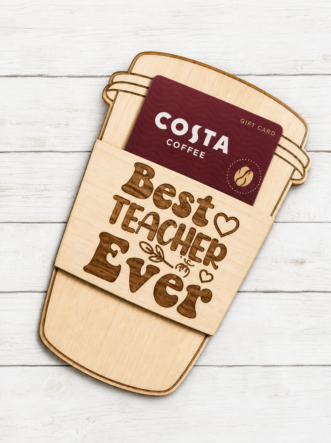 Teacher Gift Card Holder – Thank You Teacher Gift – Wooden Coffee Cup Gift Card Sleeve – End of Term Teacher Gift