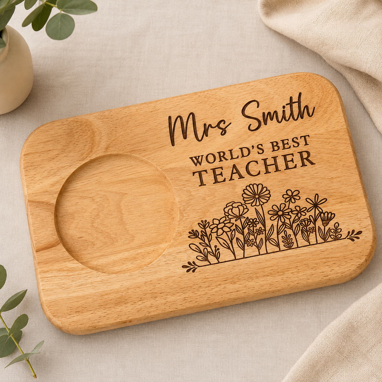 Personalised Teacher Tea & Biscuit Board | World’s Best Teacher Gift | Engraved Wooden Snack Board | End of Term Thank You Gift