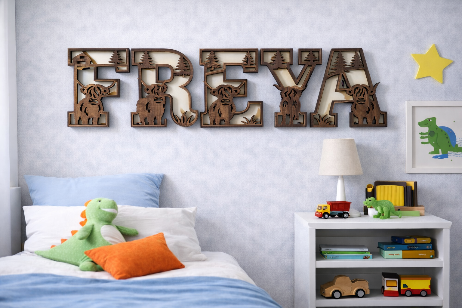 Personalised Highland Cow Name Sign – Layered Wooden Nursery Wall Decor